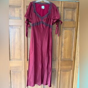 Reformation Dark Red Satin Lace-Trim Dress